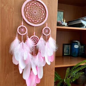 Large Pink Dreamcatcher With Feathers, Handmade Wall Hanging, Boho Nursery Decor, Gift For Girls, Bedroom Decoration