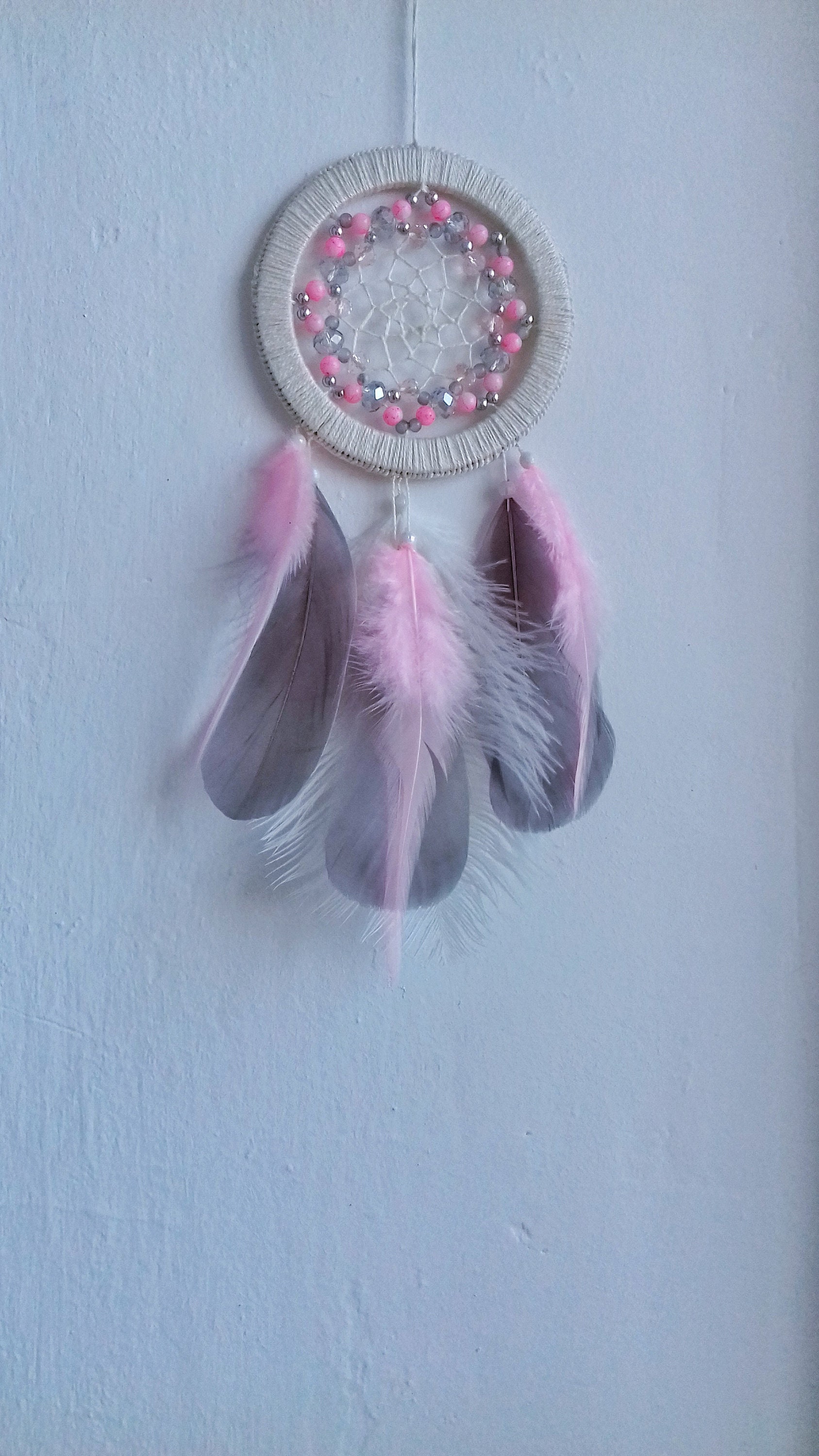 Handmade Dream Catcher For Girls – Light Pink & Silver Beads, 15x35cm, Boho Room Decor