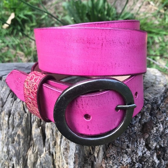 Womens Raspberry Leather Boho Style Belt - Etsy display picture 2