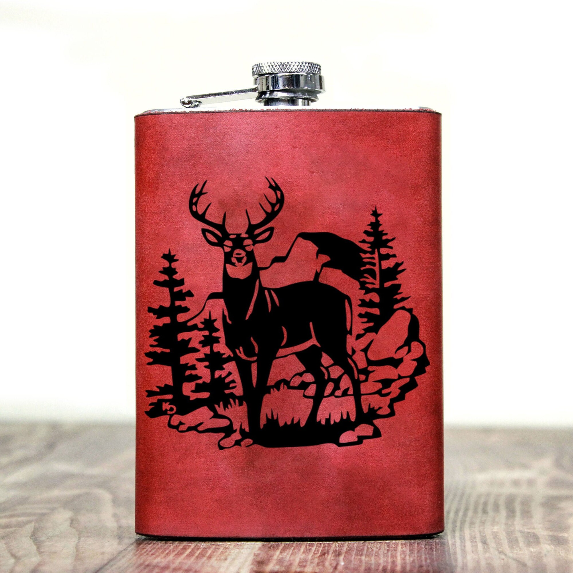 Engraved Steel Deer Hunter Flask Deer Hunter Flask Leather Etsy