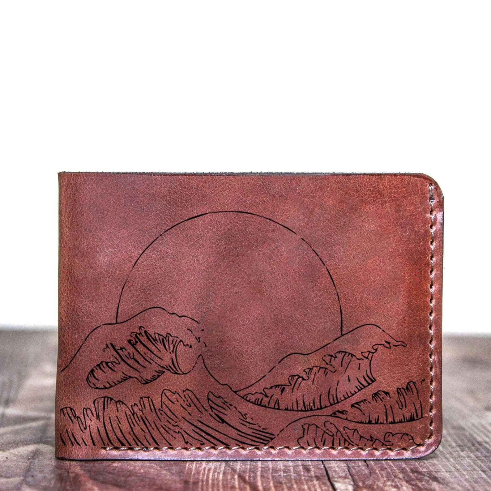 Waves Leather Custom Wallet Ocean Surfer Bifold Mens Leather Etsy