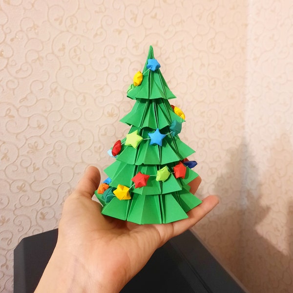 Handmade Origami  Spruce Tree with Garland Small Stars