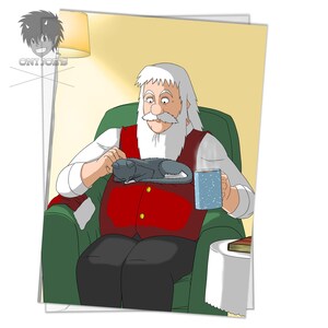 Tarjeta de gato de Santa, tarjetas de Navidad en blanco, (A5) orientación vertical, arte original