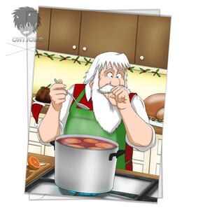 Tarjeta de cocina de Papá Noel, Tarjetas de Navidad en blanco, (A5) Orientación vertical, Arte original