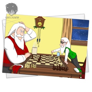 Santa's Next Move-kaart, blanco kerstkaarten, (A5), liggend, originele kunst