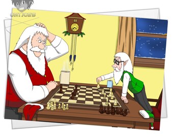 Santa's Next Move Card, Blank Christmas Cards, (A5) Landscape Orientation, Original Art