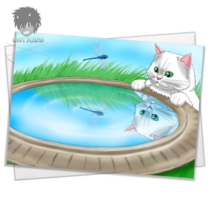 Cat&#39;s Reflection Card, Blank Greeting Cards, (A5) Landscape Orientation, Original Art