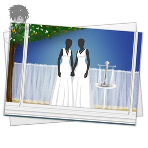 Cartão C de casal com janela de casamento, cartões em branco, (A5) orientação paisagem, arte original