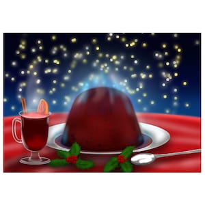 May include: A red Christmas pudding with a blue flame on top, a glass of red wine with a cinnamon stick and orange slice, a silver spoon, and holly sprigs on a red tablecloth.