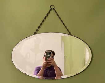 Vintage Frameless Oval Mirror Midcentury With Origional Chain