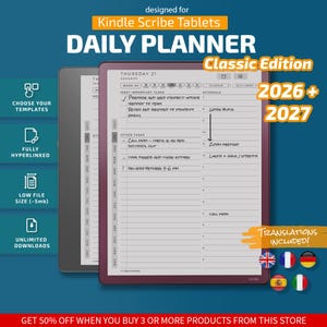 Puede incluir: Un planificador diario digital para tabletas Kindle Scribe, edición clásica para 2026 y 2027. La interfaz presenta un diseño con hipervínculos con secciones para tareas importantes, un horario y otras tareas en una pantalla de tableta.