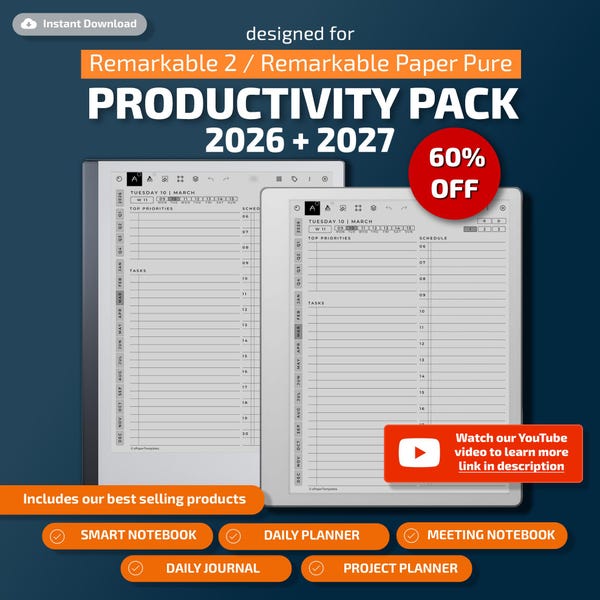 Templates for Remarkable 2 and Remarkable Paper Pure: planner, journal, meetings, notebook, projects, calendar, to do list