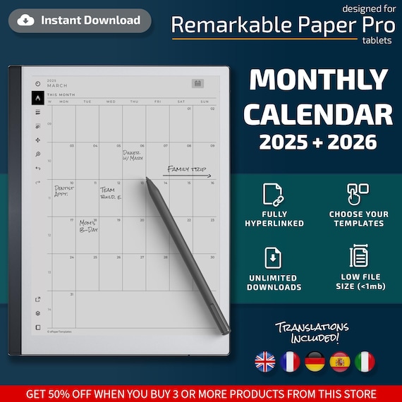 Monthly Calendar for Remarkable tablets, eInk templates, hyperlinked PDF, calendar, agenda