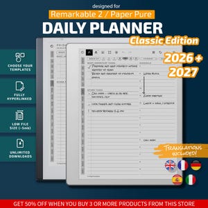 Puede incluir: Un planificador diario digital para dispositivos Remarkable 2 y Paper Pure, edición clásica 2026 y 2027. La interfaz presenta un diseño con hipervínculos y secciones para tareas y horarios, incluyendo notas manuscritas. Incluye iconos para plantillas, tamaño de archivo y descargas, además de banderas que representan varias traducciones de idiomas.