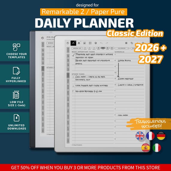 Daily Planner for Remarkable 2 Classic Edition, Templates for Remarkable 2