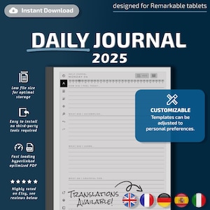 Diario giornaliero per tablet Remarkable, modelli eInk, PDF con collegamento ipertestuale, calendario, agenda