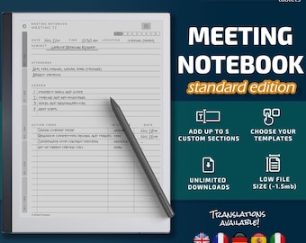 Meeting Notebook for Remarkable tablets, eInk templates, hyperlinked PDF, meeting notes