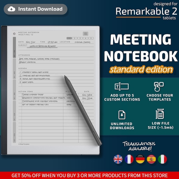 Meeting Notebook for Remarkable tablets, eInk templates, hyperlinked PDF, meeting notes