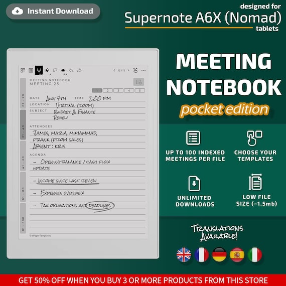 Meeting Notebook for Supernote Nomad (A6X) tablets, eInk templates, hyperlinked PDF, meeting minutes