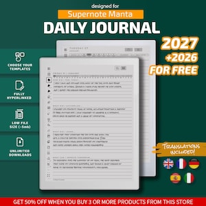 Può includere: Un diario digitale per Supernote Manta con agende per il 2026 e il 2027. L'interfaccia include modelli con collegamenti ipertestuali, sezioni per riflessioni quotidiane e liste di attività su uno schermo bianco e sfondo verde scuro.