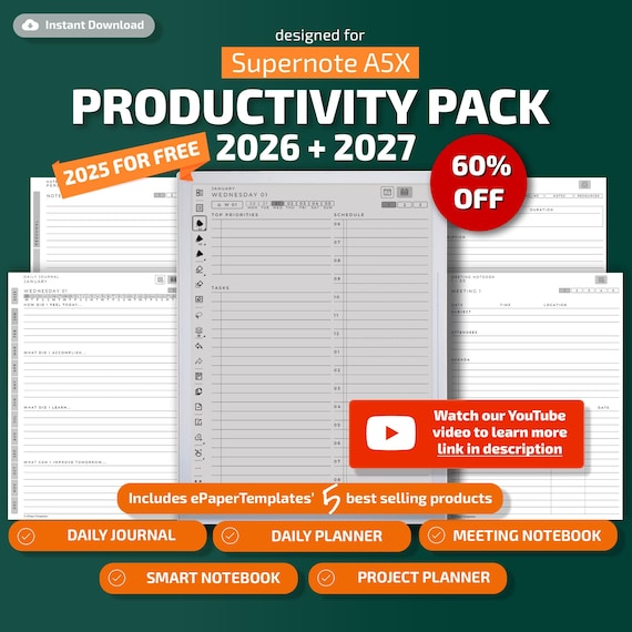 Templates for Supernote A5x Tablets, productivity pack, planner, journal, meetings, notebook, projects, hyperlinked PDF
