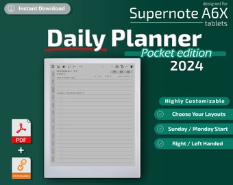 Supernote A6/A6X Daily Planner, 2024, supernote-sjablonen, kalender