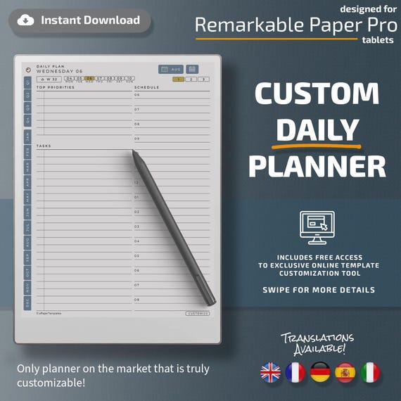 Daily Planner for Remarkable Paper Pro tablets, eInk templates, hyperlinked PDF, calendar, agenda