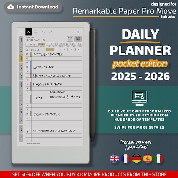 Daily Planner for Remarkable Paper Pro Move tablets, eInk templates, hyperlinked PDF, calendar, agenda