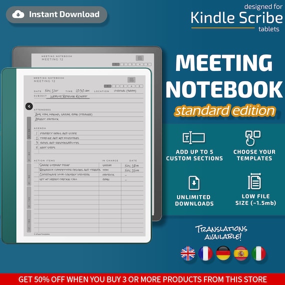 Meeting Notebook for Kindle Scribe tablets, eInk templates, hyperlinked PDF, meeting notes