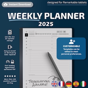 Weekly Planner for Remarkable tablets, eInk templates, hyperlinked PDF, calendar, agenda