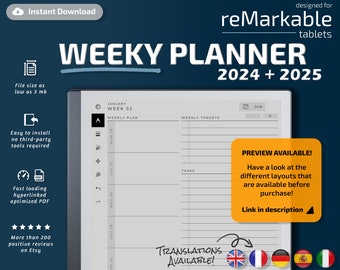 Remarkable 2 Weekly Planner, 2024, 2025, remarkable 2 templates, monthly calendar