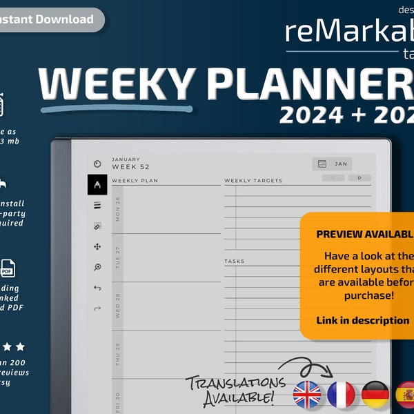 Remarkable 2 Weekly Planner, 2024, 2025, remarkable 2 templates, monthly calendar