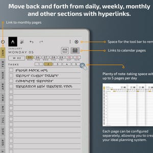 May include: A digital planner interface with a white background, displaying a calendar and task list. The screen shows the date, tasks, and options to navigate between daily, weekly, and monthly sections. Text includes "Move back and forth from daily, weekly, monthly and other sections with hyperlinks."