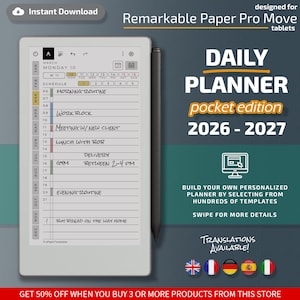 Daily Planner for Remarkable Paper Pro Move tablets, eInk templates, hyperlinked PDF, calendar, agenda