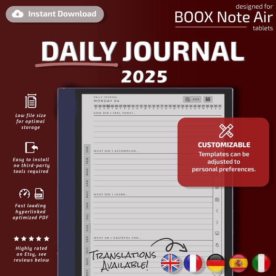 ePaperTemplates Daily Journal for Boox Note Air tablets, eInk templates, hyperlinked PDF, calendar, agenda