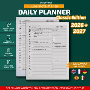 Op de afbeelding: Een digitale dagplanner voor Supernote Manta, Classic Edition, voor 2026 en 2027. De interface toont een wit scherm met zwarte tekst, inclusief een planning, takenlijst en navigatiepictogrammen. Volledig gehyperlinkt, kleine bestandsgrootte, vertalingen inbegrepen.