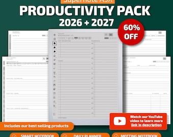 Templates for Supernote A5x Tablets, productivity pack, planner, journal, meetings, notebook, projects, hyperlinked PDF