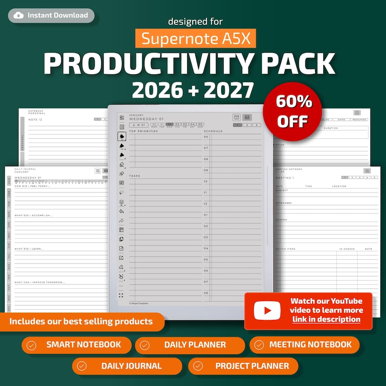 Sjablonen voor Supernote A5x-tablets, productiviteitspakket, planner, dagboek, vergaderingen, notitieboekje, projecten, pdf met hyperlink afbeelding 1