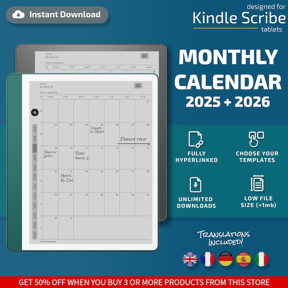 Monthly Calendar for Kindle Scribe tablets, eInk templates, hyperlinked PDF, calendar, agenda