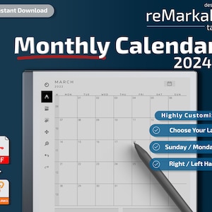 reMarkable 2 Templates l Monthly Calendar l 2024 l Instant Download