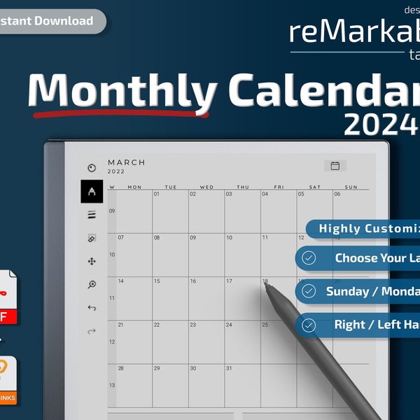 reMarkable 2 Templates l Monatskalender 2024 l Sofortiger Download