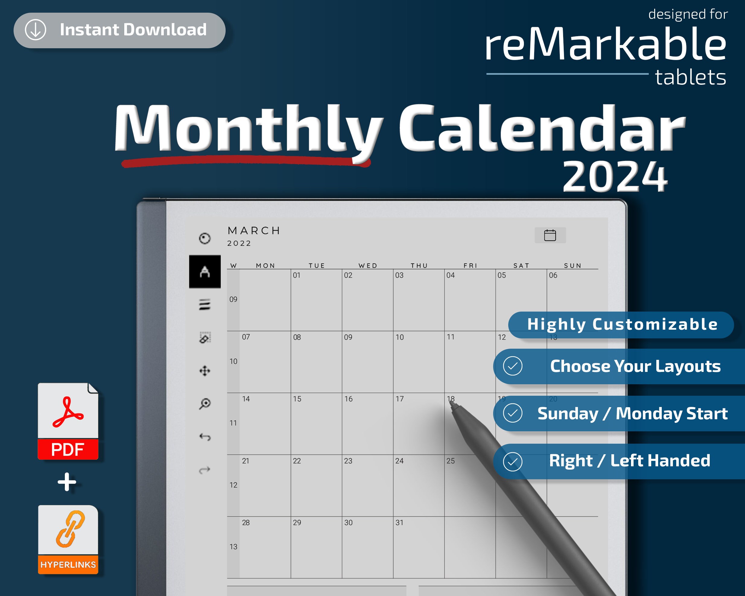 ReMarkable 2 Modèles l Calendrier mensuel l 2024 l Téléchargement  instantané -  France