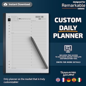 Daily Planner for Remarkable tablets, eInk templates, hyperlinked PDF, calendar, agenda