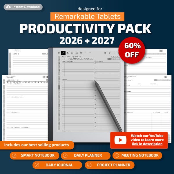 Templates for Remarkable 2 Tablets, for Remarkable 2, planner, journal, meetings, notebook, projects, to do list, calendar