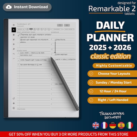 Daily Planner for Remarkable 2 Classic Edition, Templates for Remarkable 2