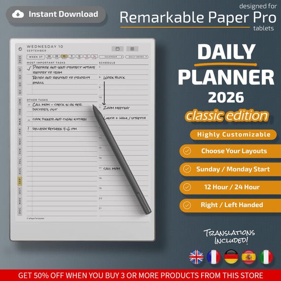 Daily Planner for Remarkable Paper Pro Classic Edition, Templates for Remarkable Paper Pro
