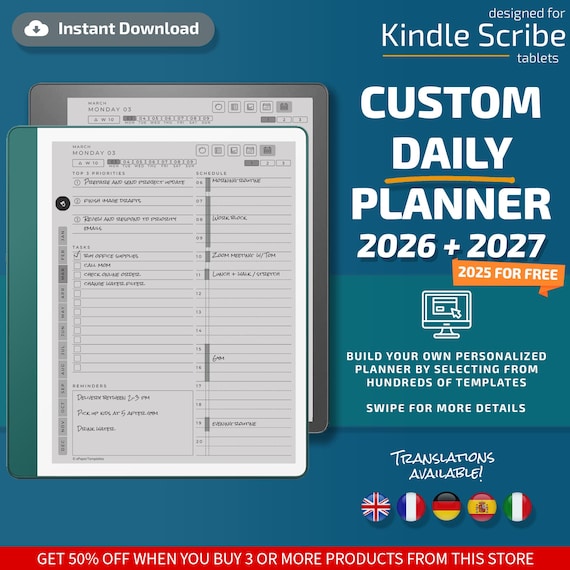 Daily Planner for Kindle Scribe tablets, eInk templates, hyperlinked PDF, calendar, agenda