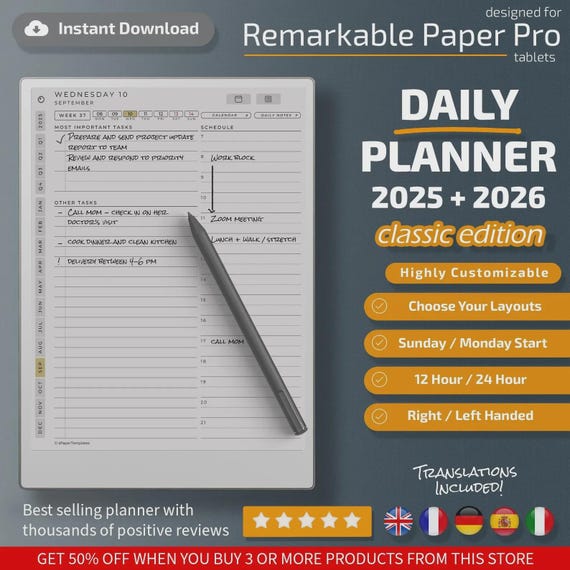 Daily Planner for Remarkable Paper Pro Classic Edition, Templates for Remarkable Paper Pro