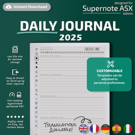 Daily Journal for Supernote tablets, eInk templates, hyperlinked PDF, calendar, agenda