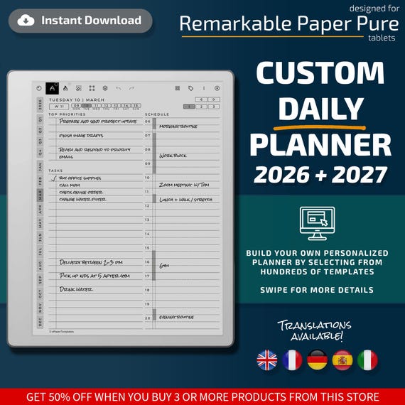 Daily Planner for Remarkable Paper Pure, templates, hyperlinked PDF, calendar, agenda